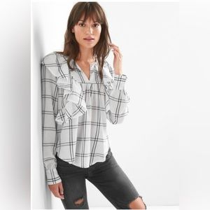 Gap Cascade Ruffle Plaid Blouse White & Black Plaid Women's Size XL